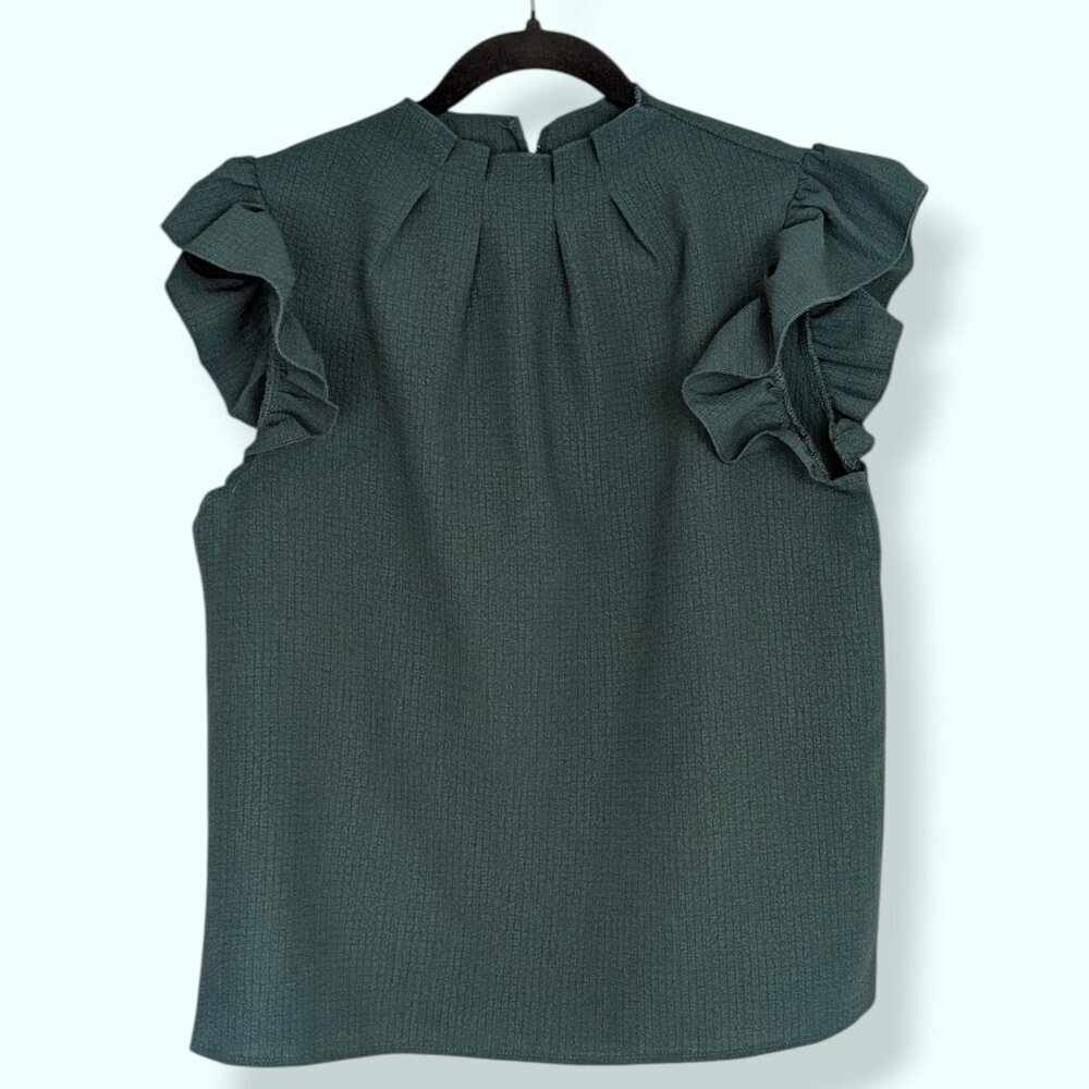 Niay Green Pleated Ruffle Shoulder Top - Picture 5 of 8
